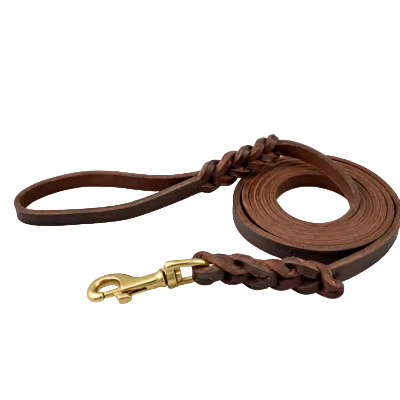 Large brown leather dog leash for German Shepherd with braided detail and gold-tone metal snap hook