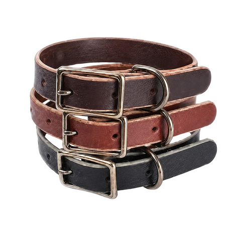 Large leather dog collar Size L with metal buckle D-ring and reinforced stitching