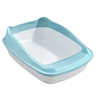 Large blue and white open cat litter tray measuring 56 by 38 by 20 cm
