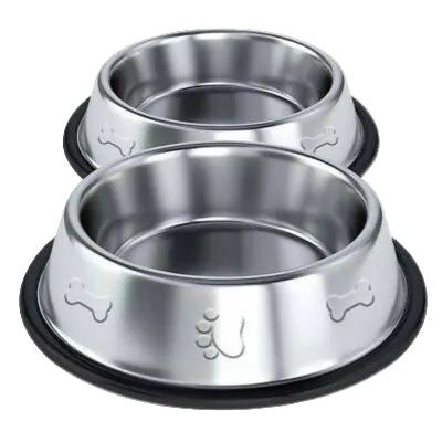 Large silver steel dog bowl with black base and paw-print detail