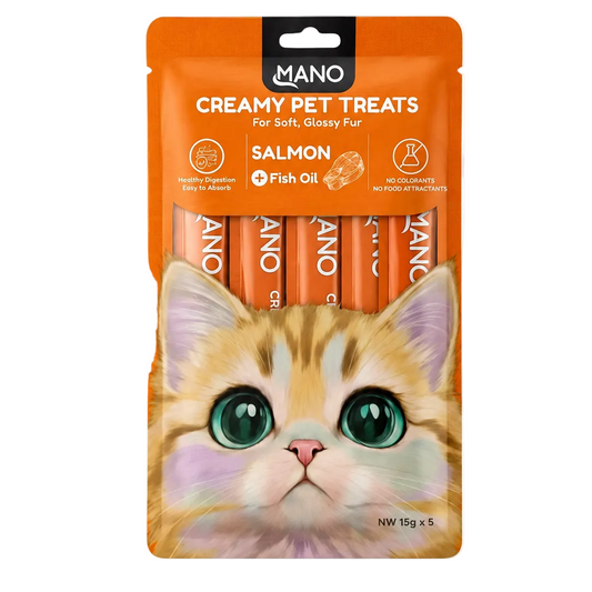 MANO Creamy Pet Treats Salmon 75g front and back packaging
