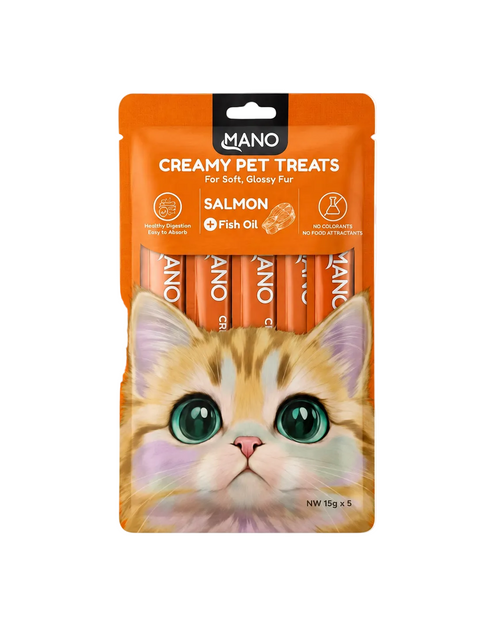 MANO Creamy Pet Treats Salmon 75g front and back packaging