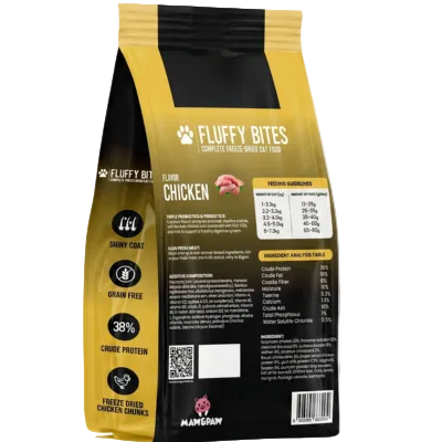A bag of  Fluffy Bites Chicken freeze dried cat food, shown from the back side. The packaging is black and yellow with white text.