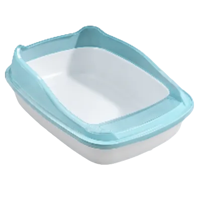 Medium blue and white open cat litter tray measuring 48 by 34.7 by 18 cm