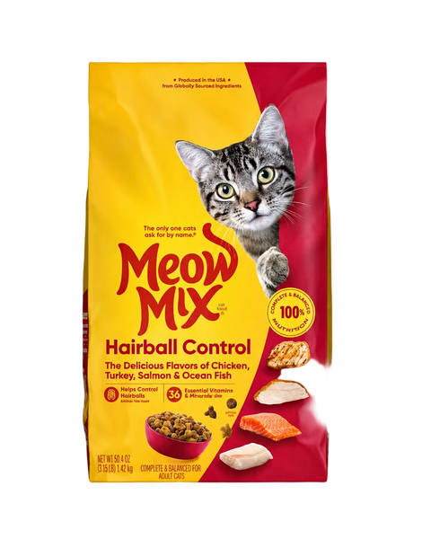 Meow Mix Hairball Control dry cat food 1.43kg for adult cats with turkey ocean fish salmon and chicken flavors