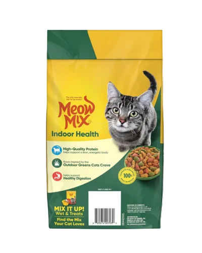 A bag of Meow Mix Indoor Health cat food by Petsmart, featuring a yellow and green package design with an image of a gray tabby cat and a bowl of wet and dry cat food. The Petsmart logo is visible in the top left corner.