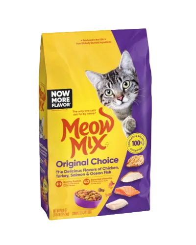 Meow Mix Original Choice guaranteed analysis showing 30 percent protein and 11 percent fat