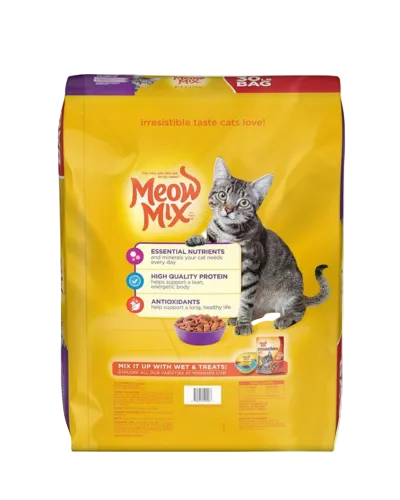 A bag of Meow Mix cat food in a bright yellow package with a photo of a gray tabby cat on the front. The Meow Mix logo is visible in red script, and a Petsmart logo appears in the top left corner.