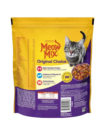 A bag of Meow Mix Original Choice cat food by Petsmart, featuring a yellow and purple package with a picture of a cat and kibble pieces, on a white background with a red Petsmart banner at the top and bottom.