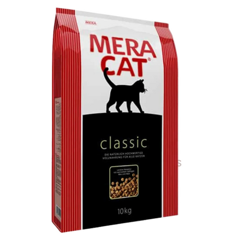 A 1.5kg bag of Mera Cat Classic cat food, featuring a red and white bag with a black cat silhouette and a black lower section. The Petsmart logo is visible in the top left corner.