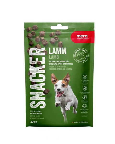 Mera Snacker Lamb Soft Dog Treats 200g with 55 percent lamb for adult dog training and rewards