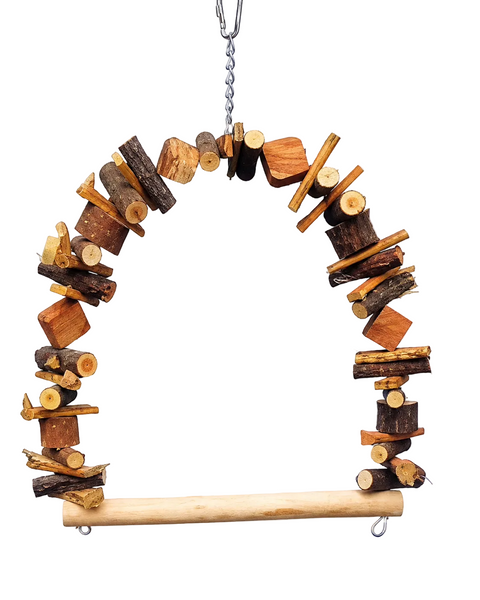 Large natural wooden bird swing with arch shaped wood pieces hanging chain and horizontal perch