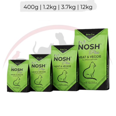 Four bags of NOSH Ultra Meat & Veggie cat food in different sizes (400g, 1.2kg, 3.