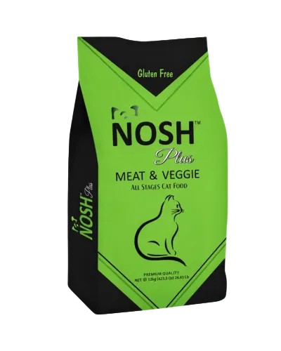 Green and black Nosh Plus High Energy Meat and Veggie dry cat food 12kg bag