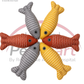 Grey yellow and rust-red plush fish cat toys with white zigzag patterns