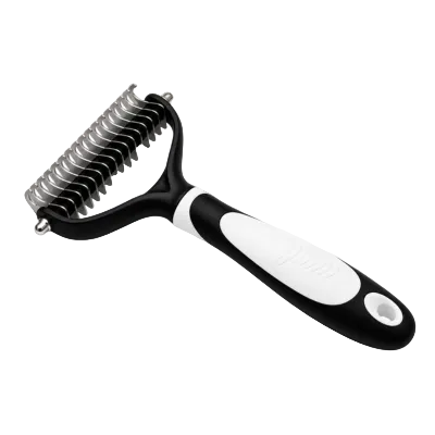 Pet dematting comb with metal rake teeth and black white handle for cats and dogs