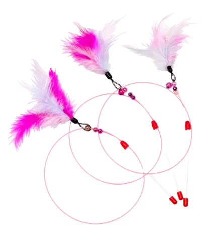 Pink flexible cat teaser wands with pink and white feather attachments