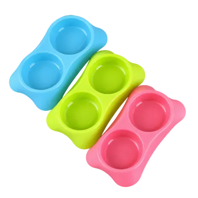 Plastic double pet feeding bowls in blue green and pink colors