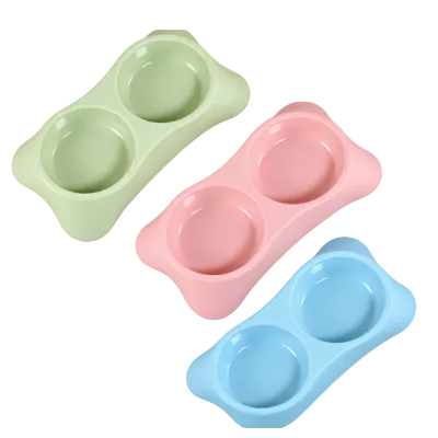 Plastic dual pet food and water bowl for cats and dogs in assorted colors