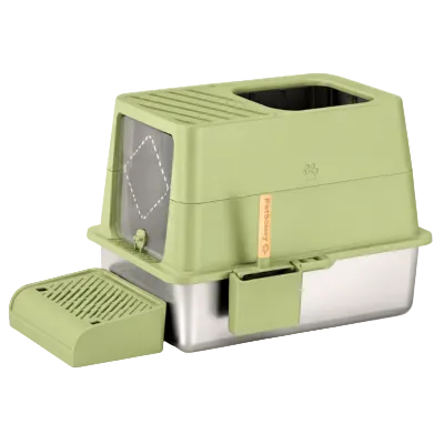 Green enclosed stainless steel cat litter box with front door, top opening and matching step