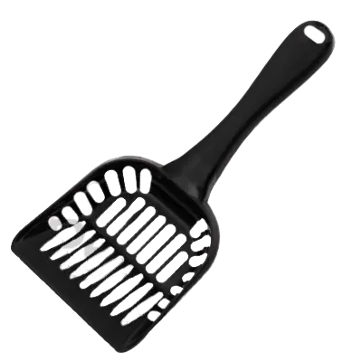 Black slotted cat litter scoop with a wide head and long handle