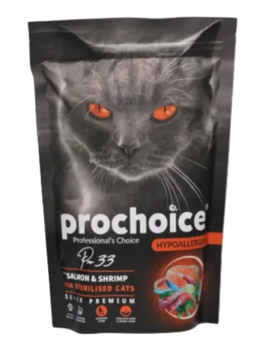 ProChoice Pro 33 Salmon and Shrimp cat food showing hypoallergenic pork free soy free wheat free and non GMO claims