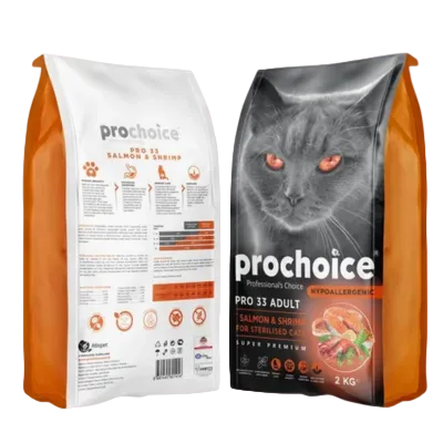 ProChoice Pro 33 Salmon and Shrimp 2kg adult sterilised cat food front and back packaging