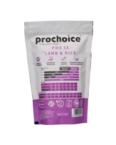 ProChoice Pro 33 Salmon and Shrimp dry cat food 330g back packaging for adult sterilised cats