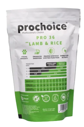 ProChoice Pro 36 Lamb and Rice adult cat food 330g back packaging with nutrition and feeding information