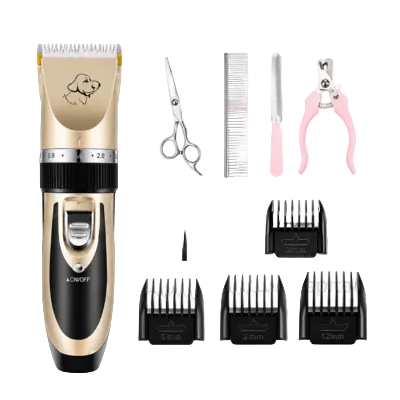 Gold and black rechargeable pet grooming trimmer with scissors, comb, nail tools and four guide combs