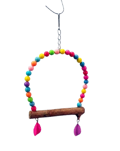Small Hanging Bird Swing With Colourful Beads Wooden Perch