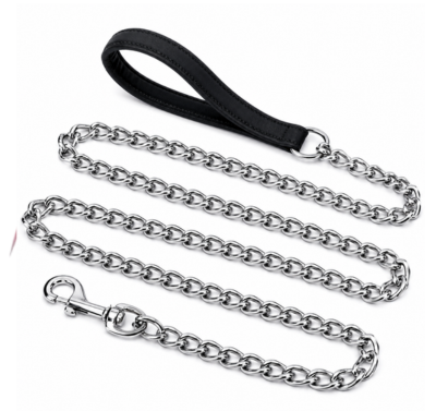 small silver metal chain dog leash with black loop handle and metal snap hook