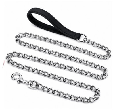 small silver metal chain dog leash with black loop handle and metal snap hook