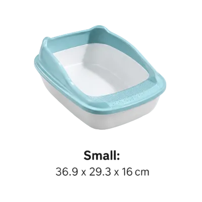 Small blue and white open cat litter tray measuring 36.9 by 29.3 by 16 cm