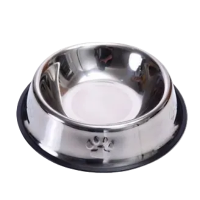 Small silver steel dog bowl with black base and paw-print detail