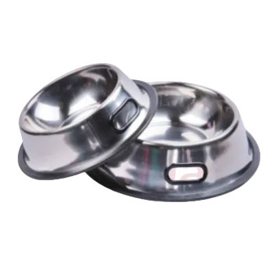 Silver stainless steel dog bowl with built-in side grip opening and wide black base