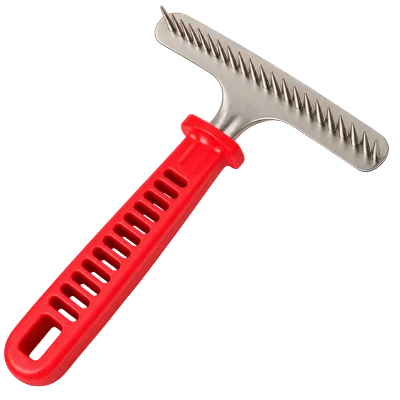 Red T-shaped pet grooming brush for cats and dogs