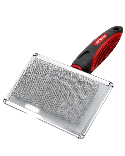 XL rectangular slicker grooming brush for cats and dogs with metal pins and black red handle

